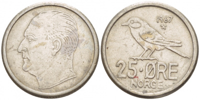 Норвегия 25 эре 1967 Улаф V (1958-1991), синица KM 407 медно-никель 4547-1046