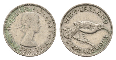 Новая Зеландия 6 пенсов 1953 Елизавета II (1952-2022), разноклювая гуйя KM 26.1 медно-никель 4669-615