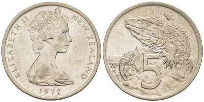 Новая Зеландия 5 центов 1972 Елизавета II (1952-2022), ящерица гаттерия KM 34.1 медно-никель 3851-1056