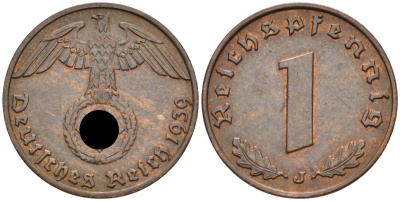 Германия 1 рейхспфенниг 1939 J, KM 89 бронза 3955-451