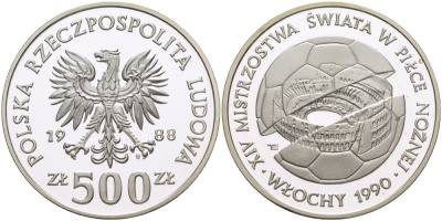 Польша 500 злотых 1988 MW, чемпионат мира по футболу в Италии 1990 года, стадион внутри мяча KM 184, Parchimowicz 334 серебро PROOF 1085-2-12