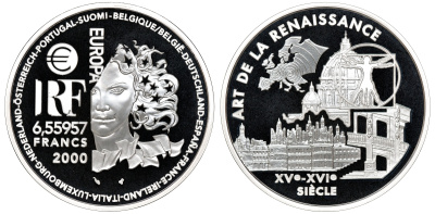 Франция 1 евро = 6,55957 франков 2000 архитектура Ренессанса (XV-XVI веков) в оригинальной коробке, с сертификатом KM 1225 серебро PROOF 4-3-3-14