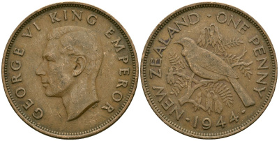 Новая Зеландия 1 пенни 1944 Георг VI (1936-1952), новозеландский туи KM 13 бронза 4165-1231