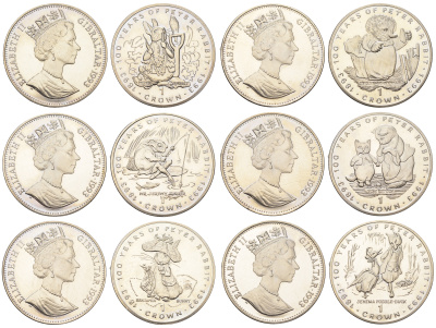 Гибралтар полный набор из 6 монет (1 крона) 1993 100 лет созданию Кролика Питера KM 201, 205, 209, 213, 217 и 221 медно-никель BU 1524-1635-1645