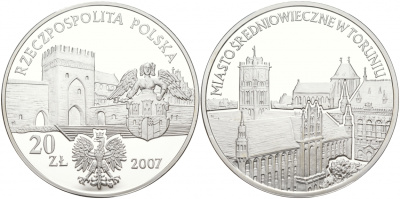 Польша 20 злотых 2007 MW, средневековое место в Торуне (TORUNIO) KM 579 серебро PROOF 1091-2-31