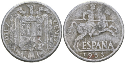 Испания 10 сентимо 1953 Франсиско Франко (1939-1975) KM 766 алюминий 4171-1032