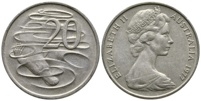 АВСТРАЛИЯ 20 ЦЕНТОВ 1977 ЕЛИЗАВЕТА II, МОЛОДОЙ ПОРТРЕТ, УТКОНОС KM 66 медно-никель 84-1012