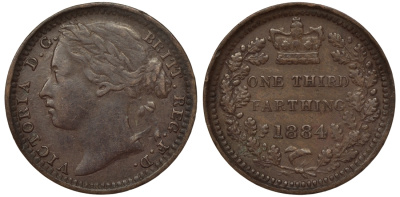 Великобритания 1/3 фартинга 1884 Виктория (1837-1901) KM 750, Spink 3960 бронза 1524-514