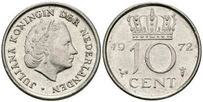 Нидерланды 10 центов 1972 Юлиана (1948-1980) KM 182 никель 96-348
