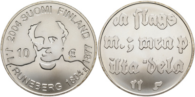 Финляндия 10 евро 2004 200 лет со дня рождения Йохана Людвига Рунеберга, поэт KM 115 серебро  UNC 11-114-15