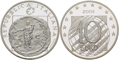 Италия 10 евро 2005 60 лет мира и свободы в Европе, античная монета KM 271 серебро PROOF 02-040-41