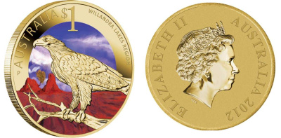 Австралия 1 доллар 2012 серия всемирное наследие ЮНЕСКО , озерный регион Уилландра в Новом Уэльсе, орел, цветная эмаль KM 1824 алюминиевая бронза UNC M41-01