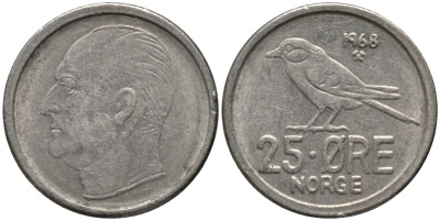 Норвегия 25 эре 1968 Улаф V (1958-1991), синица KM 407 медно-никель 218-1227