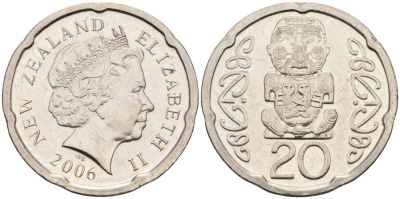 Новая Зеландия 20 центов 2006 Елизавета II (1952-2022), идол Пукаки KM 118а никелированная сталь 4579-1132