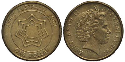 Австралия 1 доллар 2007 Азиатско-Тихоокеанский экономический форум (APEC) KM 1040 алюминиевая бронза 4538-214