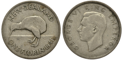 Новая Зеландия 1 флорин 1941 Георг VI (1936-1952), птичка киви KM 10.1 серебро 272-1521