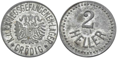 Австрия 2 геллера ND лагерные деньги, лагерь Grodig, лагерь военнопленных , нотгельд, K.u.K. Kriegsgefangenenlager, лагерьгельд, лагерь Гредиг близ города Бернау-на-Инне  цинк    206-1112