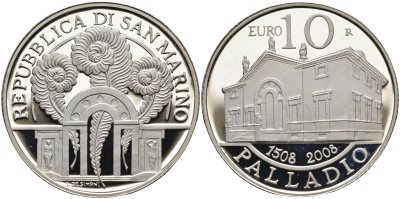 Сан-Марино 10 евро 2008 500 лет Андреа Палладио KM 514 серебро  PROOF 05-095-24