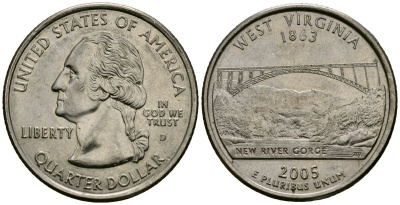 США 25 центов = квотер 2005 D, серия штаты США, Западная Вирджиния KM 374 медь плакированный медно-никелем 4138-1017