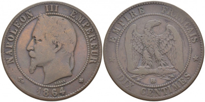 Франция 10 сантимов 1864 BB, Наполеон III (1852-1870) KM 798.2, Le Franc 134.12 бронза 3460-916