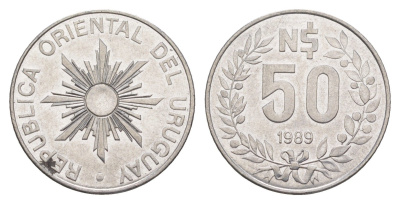 Уругвай 50 песо 1989 KM 94 нержавеющая сталь 4635-656