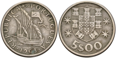 Португалия 5 эскудо 1963 парусник, первый год KM 591 медно-никель    4153-141