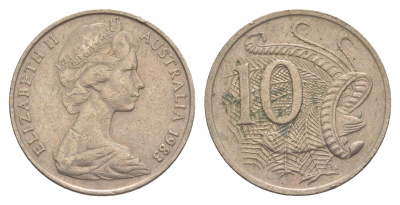 Австралия 10 центов 1983 Елизавета II (1952-2022), птица лирахвост KM 65 медно-никель 4364-2337