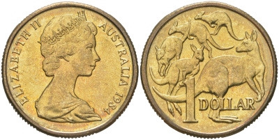 Австралия 1 доллар 1984 Елизавета II (1952-2022), кенгуру KM 77 алюминиевая бронза UNC 4622-233