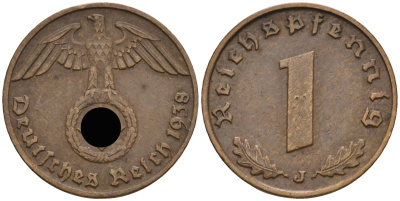 Германия 1 рейхспфенниг 1938 J KM 89, J 361 бронза 4136-1247