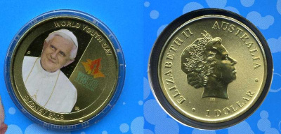 Австралия 1 доллар 2008 папа римский, эмаль алюминиевая бронза UNC 4-5-1-5