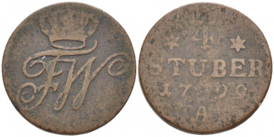 Бранденбург-Пруссия 1/4 штюбера 1799 A KM 272, Jaeger 6 медь 175-1224