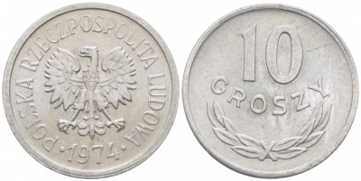 ПОЛЬША 10 ГРОШЕЙ 1974 MW KM AA47 алюминий 112-814