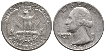 США 25 центов (квотер) 1965 Вашингтон KM 164а медь плакированная медно-никелем 4364-425