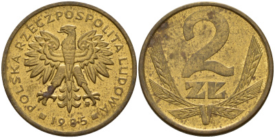 Польша 2 злотых 1985 MW KM 80.1 латунь    4598-1243