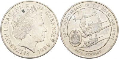 Гернси 5 фунтов 1998 самолеты, 80 лет королевскому воздушному флоту KM 82 медно-никель UNC 73-833