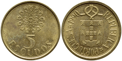 ПОРТУГАЛИЯ 5 ЭСКУДО 1990 KM 632 никель латунь 4395-931