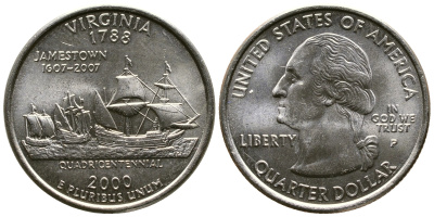 США 25 центов = квотер 2000 Р, серия штаты США, Вирджиния KM 309 медь плакированная медно-никелем 56-317