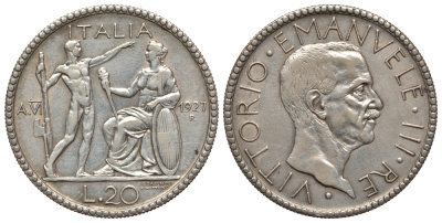 Италия 20 лир 1927 R, Виктор Эммануил III, ГОД VI KM 69 серебро 00-811-26
