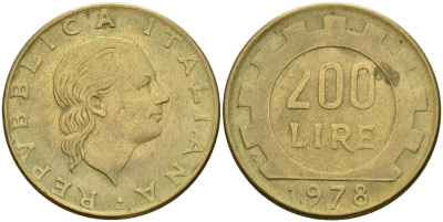 Италия 200 лир 1978 R, шестерня KM 105 алюминиевая бронза 4171-947