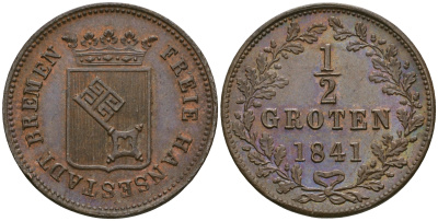 Бремен 1/2 гротена 1841 KM 236, Jaeger 16, AKS 9 медь 00-00