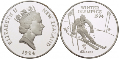 Новая Зеландия 5 долларов 1994 XVII зимние Олимпийские игры 1994 года в Лиллехаммере , слалом KM 96 серебро PROOF 11-090-41