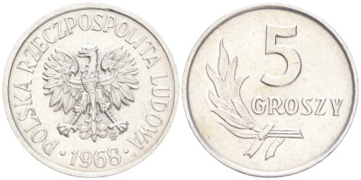 ПОЛЬША 5 ГРОШЕЙ 1966 MW KM А46 алюминий 4516-1218