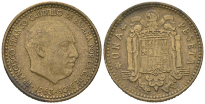 Испания 1 песета 1963 (65) Франсиско Франко (1939-1975) KM 775 алюминиевая бронза 4621-567