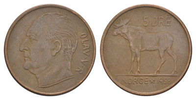 Норвегия 5 эре 1958 Улаф V (1957-1991) KM 405 бронза 4635-552