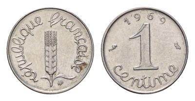 Франция 1 сантим 1969 пятая республика KM 928, Le Franc 106.18 нержавеющая сталь 4617-418