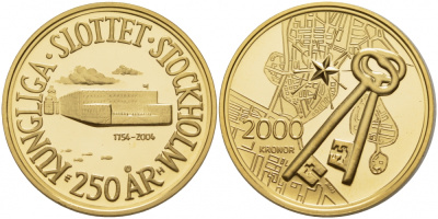Швеция 2000 крон 2004 Карл XVI Густав (1973- ), 250 лет Королевскому дворцу в Стокгольме, ключи, тираж 5243 экз. KM 912 золото PROOF 10-014-40