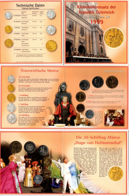 Австрия годовой набор из 6 монет (10 и 50 грошей; 1, 5, 10 и 20 шиллингов) 1999 70 лет со дня смерти Гуго фон Гофмансталя, в оригинальном буклете KM MS8 (2878, 2885, 2886, 2889a, 2918 и 3056) BU 1-5-3-13