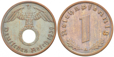 ГЕРМАНИЯ 1 РЕЙХСПФЕННИГ 1939 A KM 89 J 361 бронза 3718-168