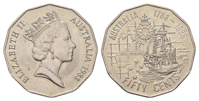 Австралия 50 центов 1988 200 лет Австралии KM 99 медно-никель UNC 4672-243