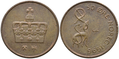 Норвегия 50 эре 1996 Харальд V (1991- ) KM 460 бронза 4115-1266
